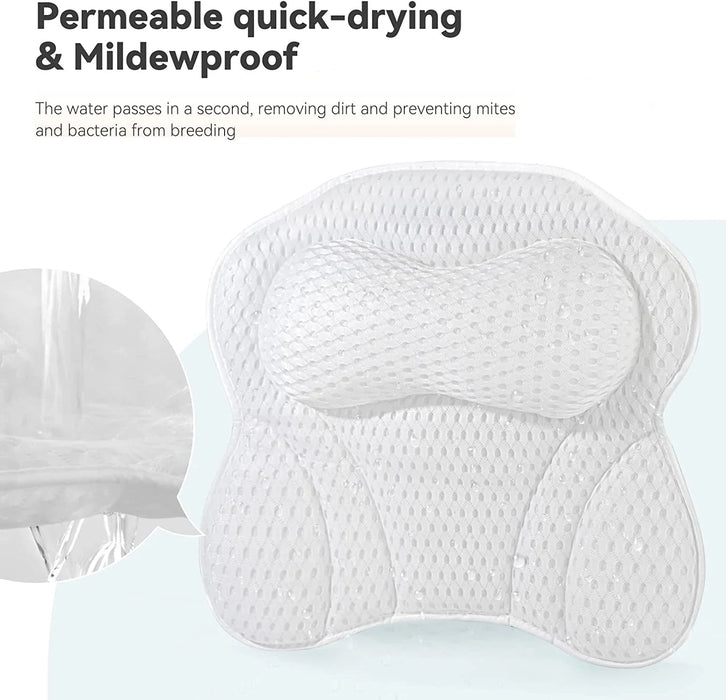 Bath Pillow for Neck & Back Support with Strong Suction Cups — Soft Spa Cushion (White)