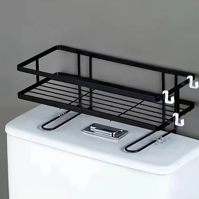 Non-Perforated Single-Tier Bathroom Storage Rack — Compact Toilet Shelf (White/Black)
