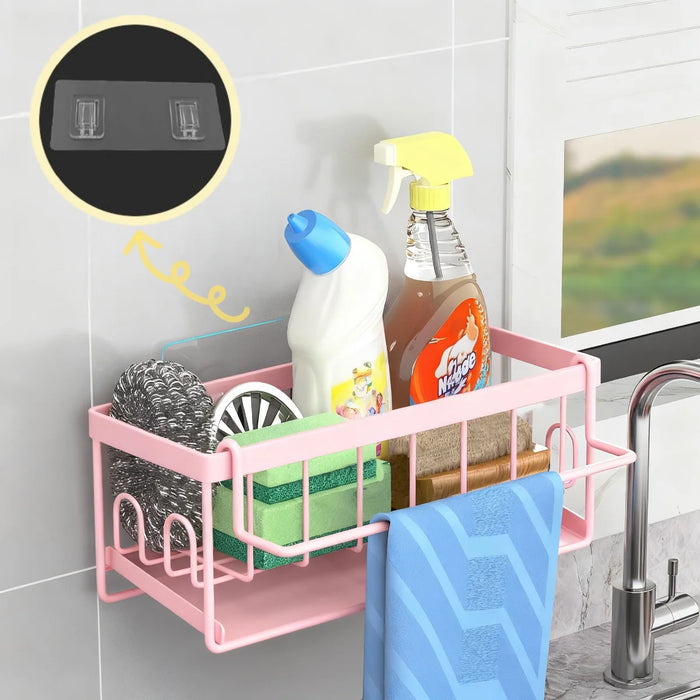 Kitchen Sponge Holder with Removable Rag Rack & Adhesive Mount — Carbon Steel Sink Caddy
