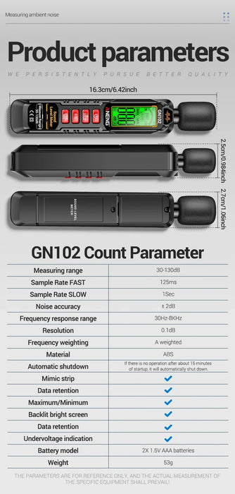 GN102 Sound Level Meter 30–130 dB — Portable Digital Decibel Meter