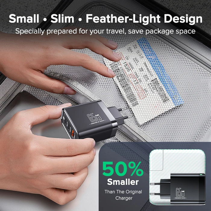 QOOVI 65W GaN 3‑Port Charger – USB‑C PD & Quick Charge 4.0, 2x USB‑C + USB‑A