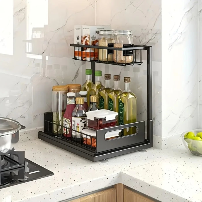 Metal Pull-Out Under-Sink Organiser with Sliding Shelf — Kitchen Storage (White/Black)