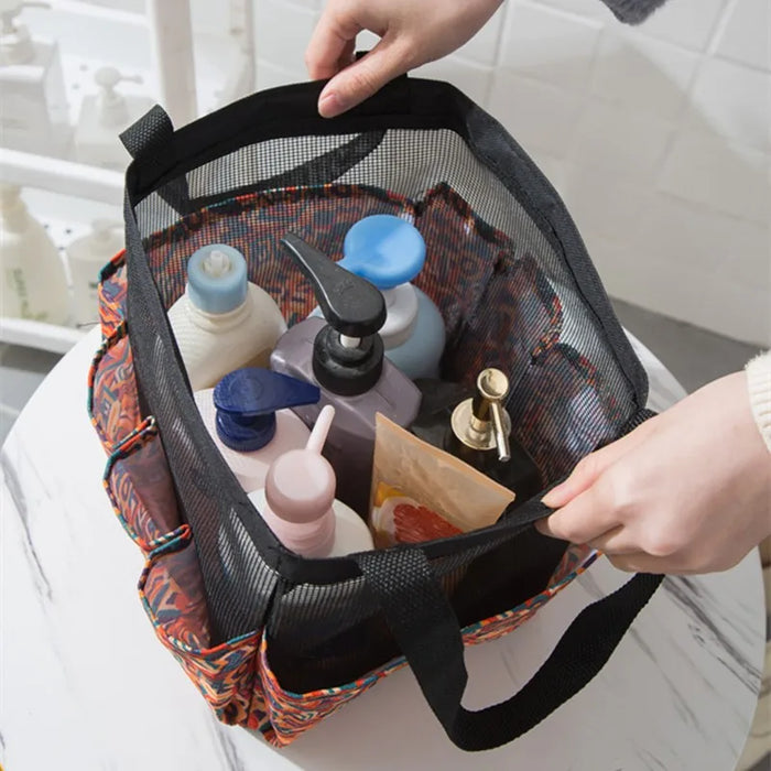 Mesh Shower Caddy Tote – Portable Bathroom & College Organiser, 8-pocket, Oxford Handles, Black