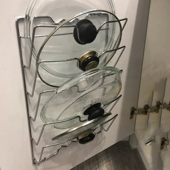 Five-Layer Wall-Mounted Pot Lid Rack — Iron Wire, Rust-Free, Silver