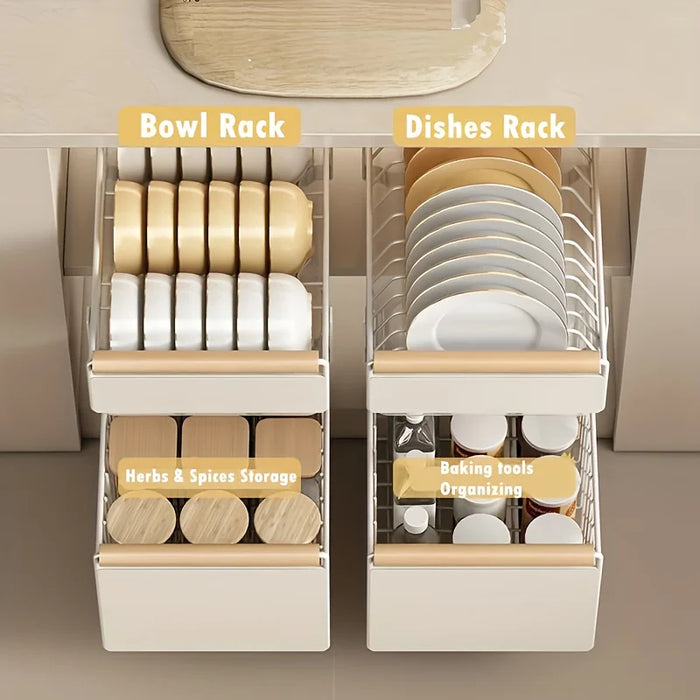 Space-Saving Pull-Out Kitchen Organiser — Plate, Bowl & Spice Rack