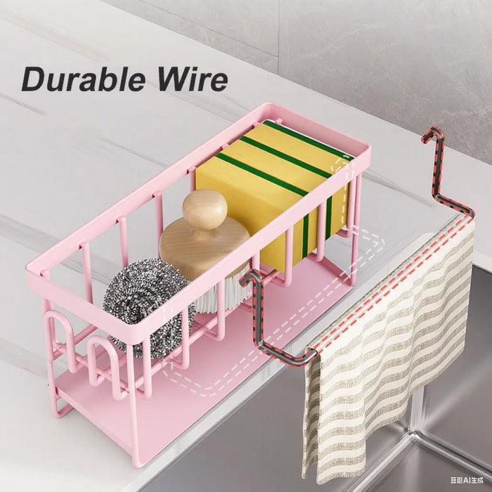 Kitchen Sink Organiser — Sponge Holder with Dishcloth Hanger and Adhesive Sticker