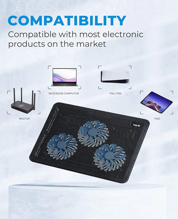 HV-F2056 Laptop Cooling Pad — Slim Stand with 3 Quiet Fans (Fits 12–17-inch)