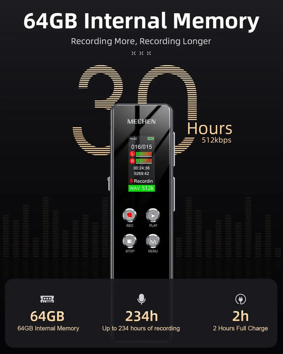 64GB Digital Voice Recorder — Voice‑activated PCM HD, USB‑C, 1536kbps