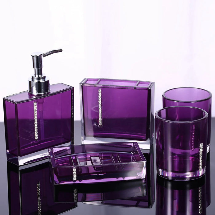 5‑Piece Purple Acrylic Bathroom Set — Emulsion Bottle, Toothbrush Holder, Soap Dish & 2 Cups