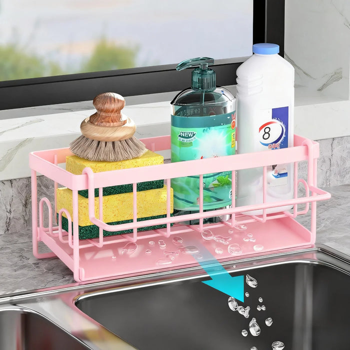 Kitchen Sponge Holder with Removable Rag Rack & Adhesive Mount — Carbon Steel Sink Caddy