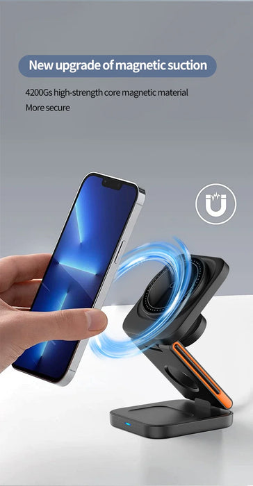 3‑in‑1 Foldable Magnetic Fast Wireless Charger Stand for iPhone 12–17, Apple Watch & AirPods