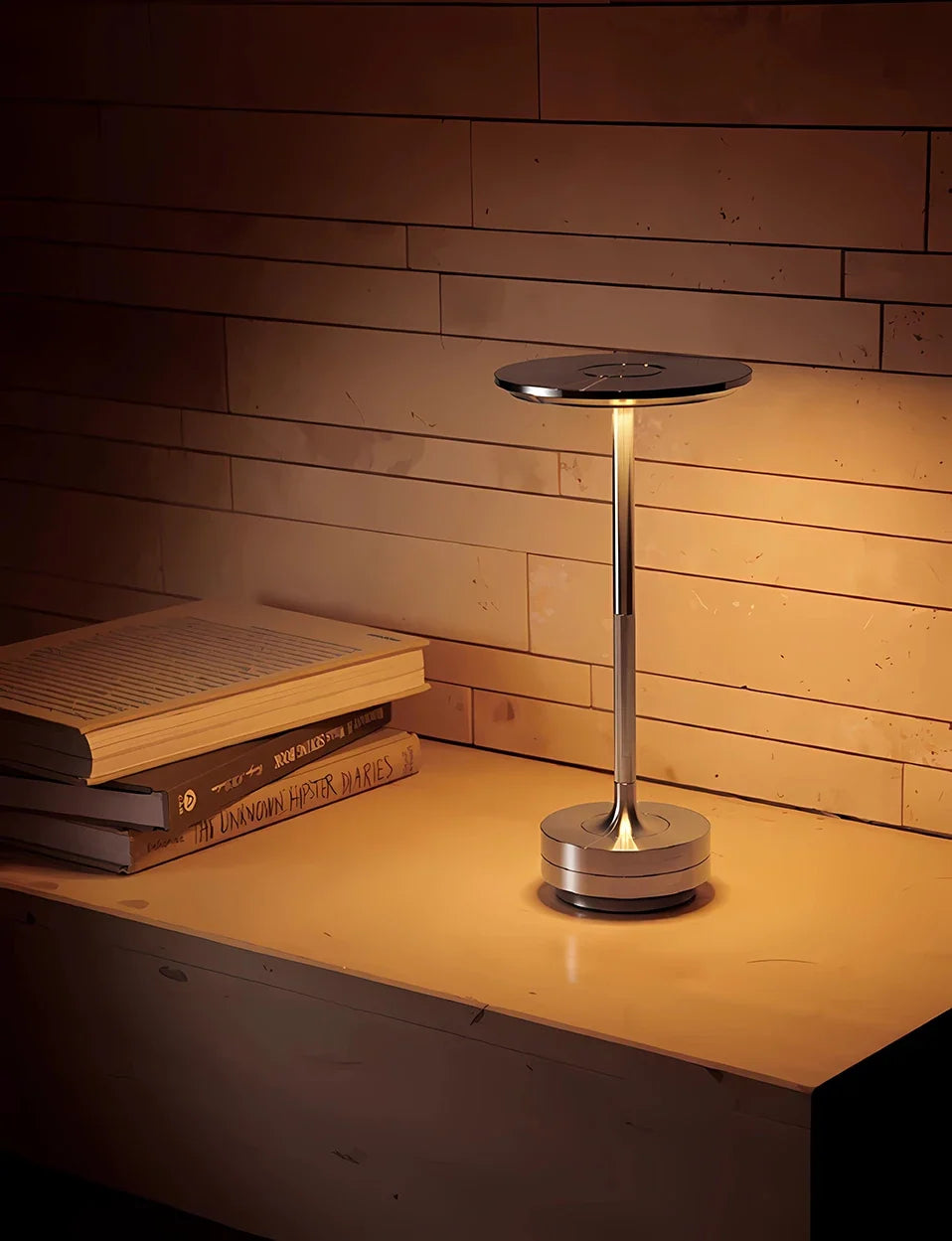 Golden Aura lamp casting warm light across a bedside surface