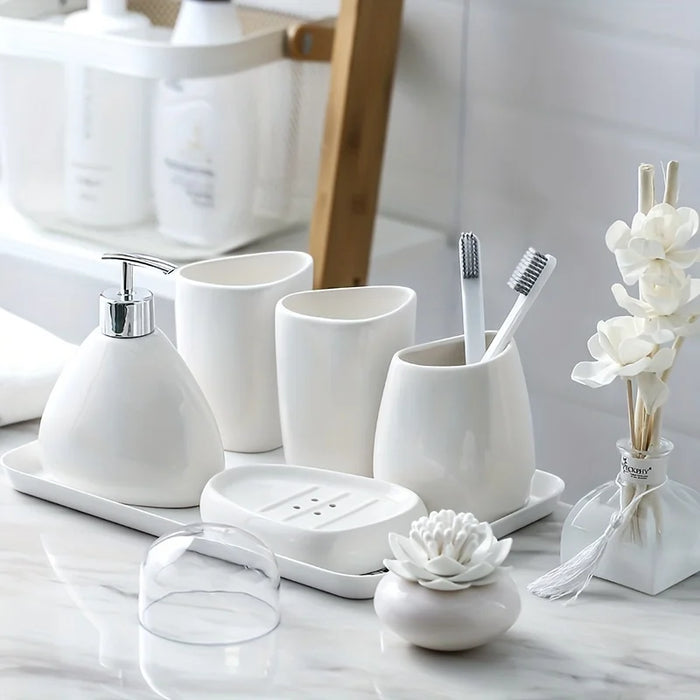 Modern Ceramic Bathroom Accessory Set — 4 or 5 Piece with Pump Dispenser