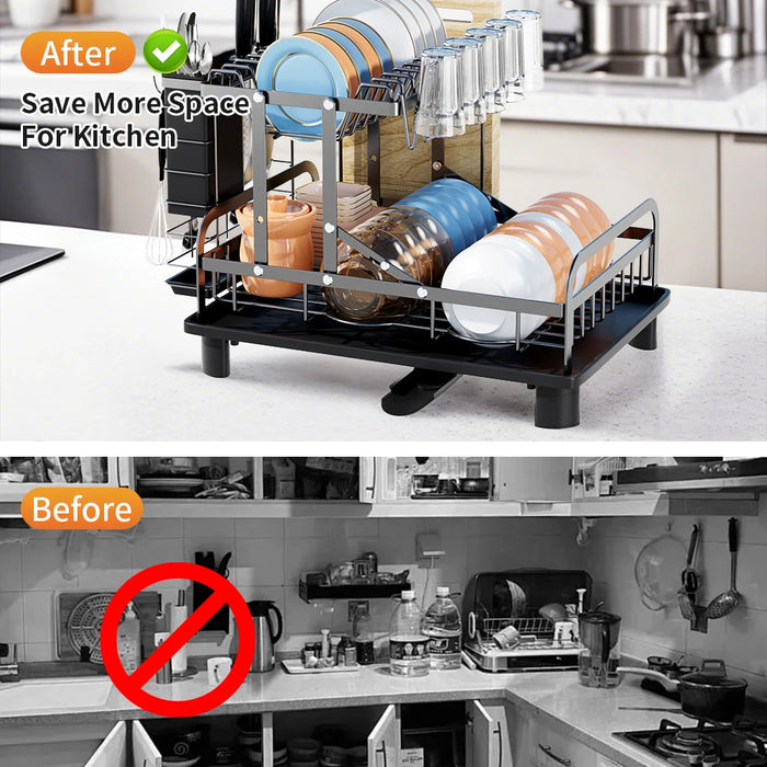 2-Tier Dish Drainer Rack with Utensil Holder – Space-Saving Metal Drying Rack