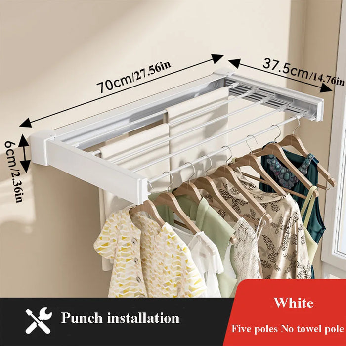 Folding Telescopic Wall-Mounted Towel & Clothes Rack — PVC, Extendable (White/Silver)