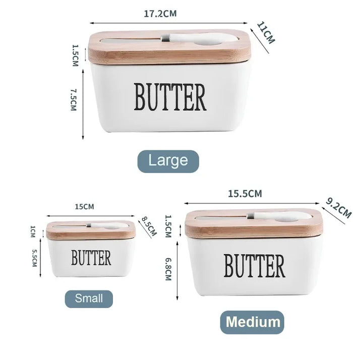 Ceramic Butter Dish with Bamboo Lid & Knife — Square Sealed Butter Box (350/500/650ml)