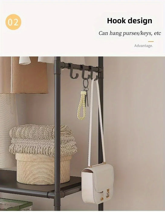 Clothing Storage Rack with Wheels, Hooks & Shelves — Freestanding Metal Organiser