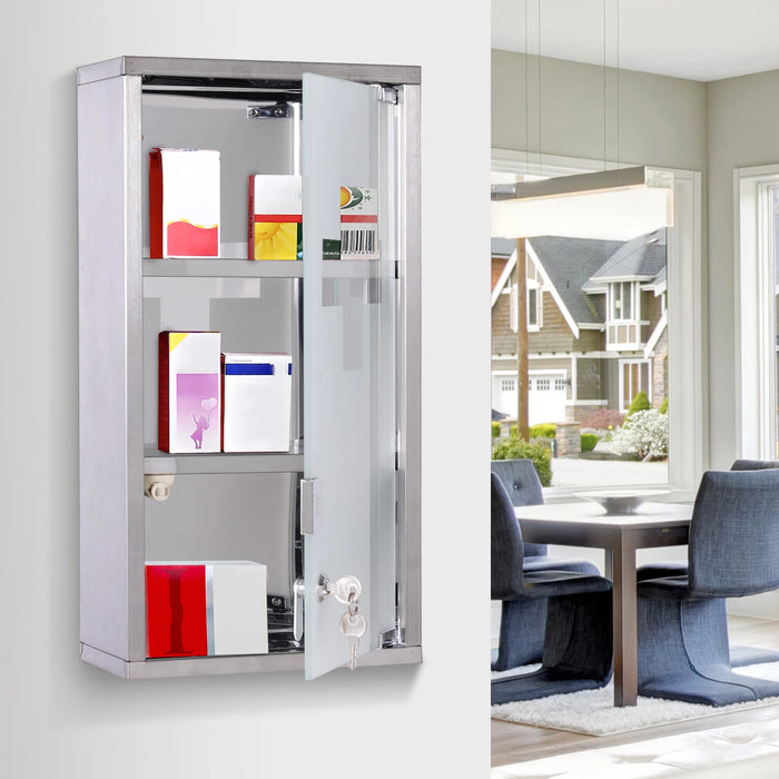 Lockable Wall-Mounted Medicine Cabinet — Safety Glass Door, Silver, 48cm