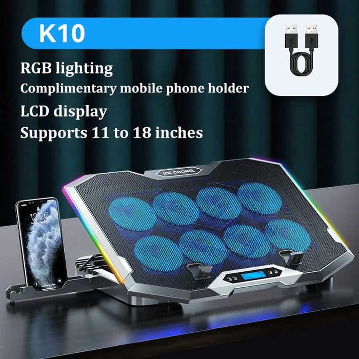 RGB Laptop Cooling Pad for 12–18 inch Laptops — 8 Fans, 3500 RPM, LCD Speed Control, 2 USB Ports
