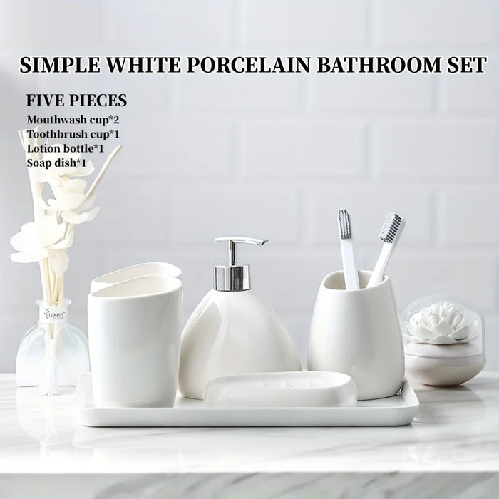 Modern Ceramic Bathroom Accessory Set — 4 or 5 Piece with Pump Dispenser