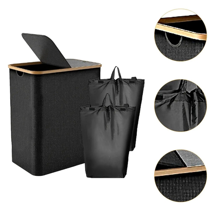 Foldable 2-Section Laundry Hamper with Lid — Bamboo Handles & Removable Bag