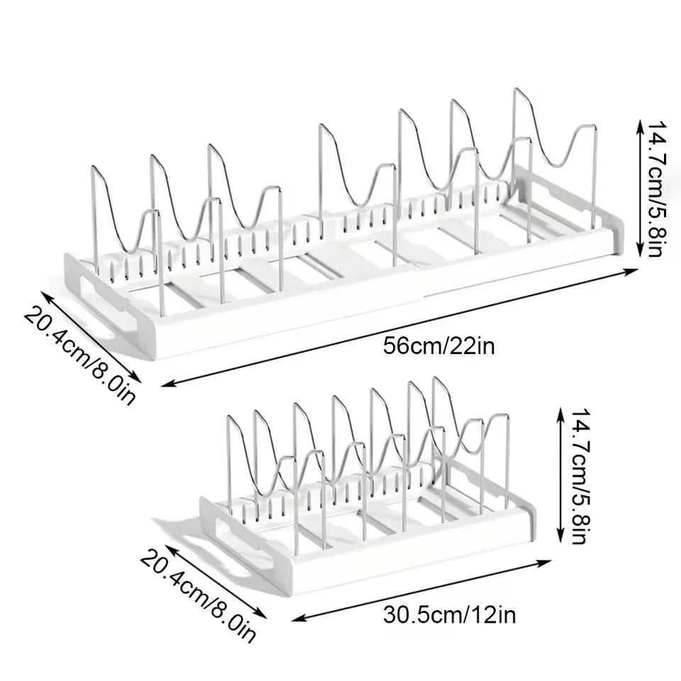 Expandable Pot and Pan Organiser — Space-saving Cabinet Holder for Lids and Dishes
