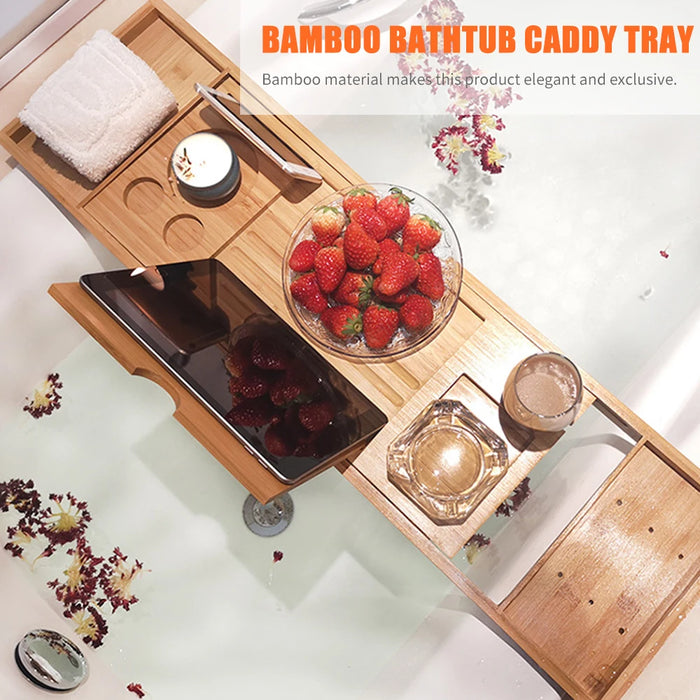 Bamboo Bathtub Caddy Tray – Extendable Spa Tray with Book, Wine and Tablet Holder
