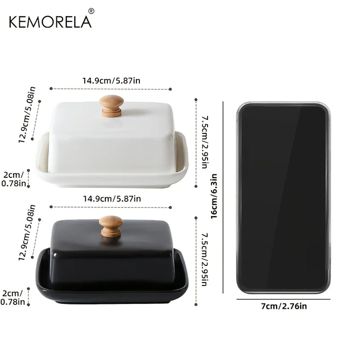 Ceramic Rectangular Butter Dish with Sealable Lid — Cheese Storage, White or Black