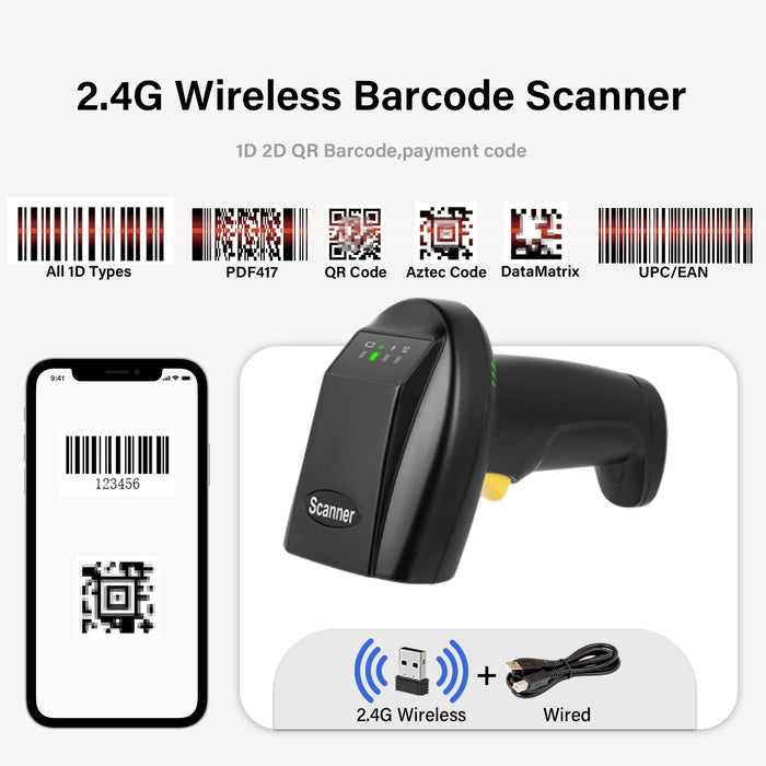 2D QR Code Scanner — 2.4GHz & Bluetooth V5.0 Wireless Barcode Reader