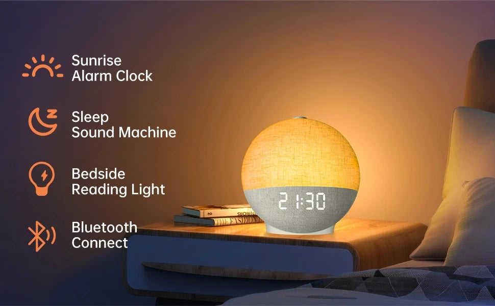 Wake-Up Light Sunrise Alarm Clock with White Noise, Bluetooth Speaker & Colour-Changing Night Light