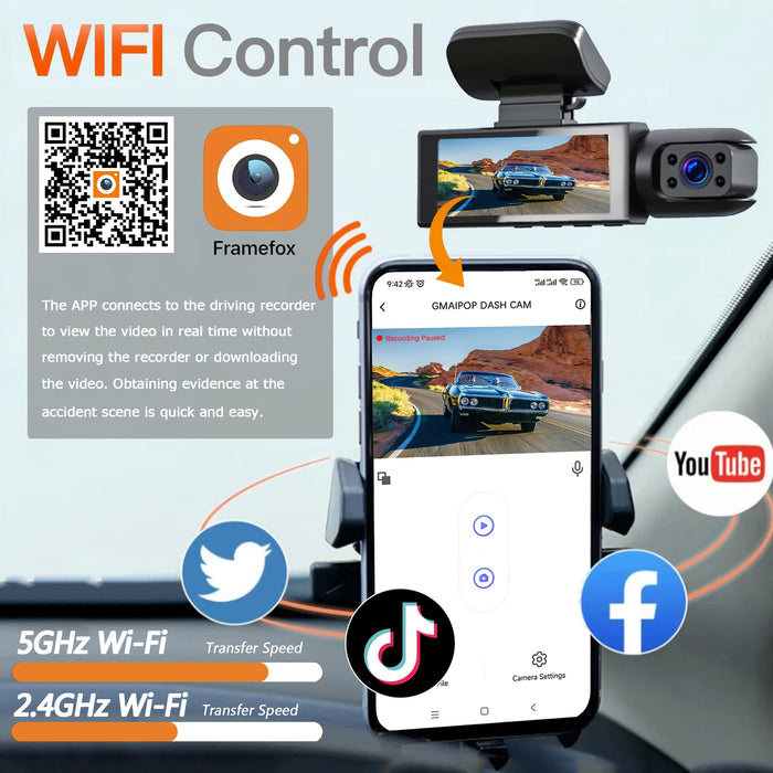 1080p Dual‑Lens Dash Cam with Wi‑Fi — Front & Cabin, Night Vision, Loop Recording