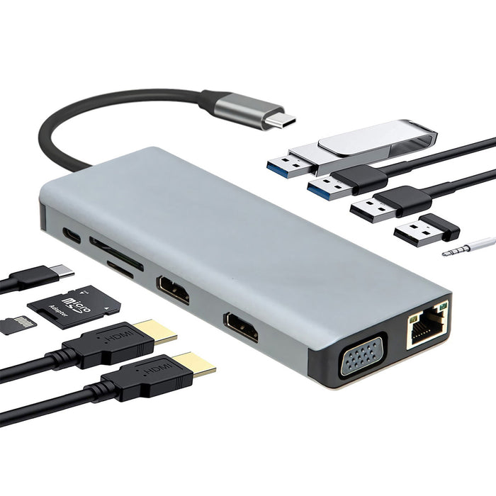 12-in-1 USB-C Hub Docking Station - Triple Display, 2 HDMI 4K, VGA, Network, 100W Power Delivery, 3.5mm Audio Jack, SD/TF Reader - Ultimate Connectivity Solution for Professionals