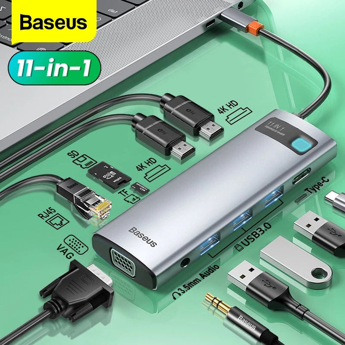 Baseus 11-in-1 MST USB Type-C Hub Docking Station - Dual 4K HDMI, 1080P VGA, 100W USB-C PD, 1000M RJ45, 3 x USB 3.0, 3.5mm Audio, Memory Card Readers - Perfect for Multi-Display and Power Users
