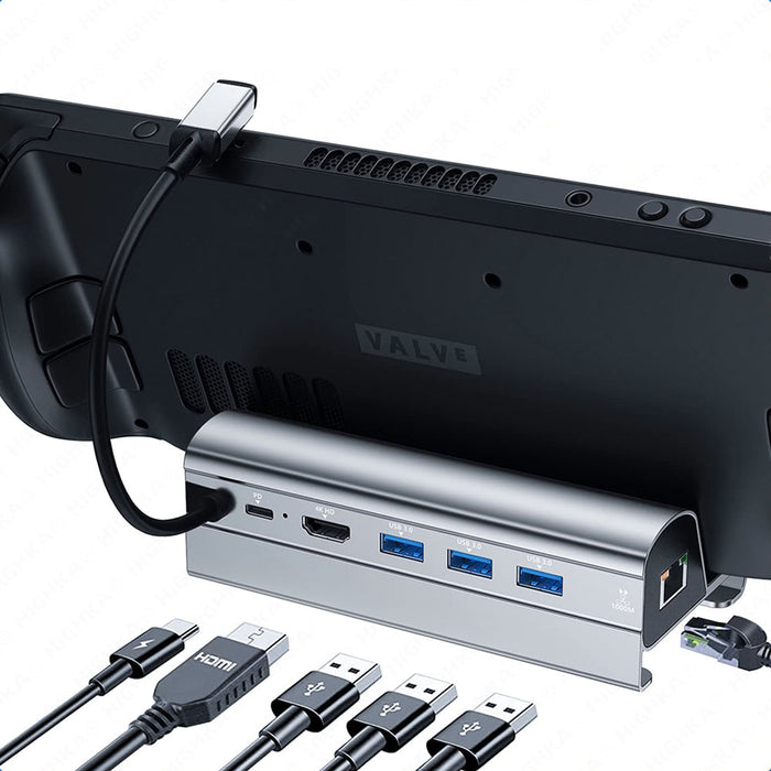 Bakeey Steam Deck Dock - 6-in-1 Docking Station Stand with 3 USB 3.0 Ports, HDMI 4K@60Hz, Gigabit Ethernet 1000Mbps, 60W PD Hub - Ideal for Gamers and Streamers