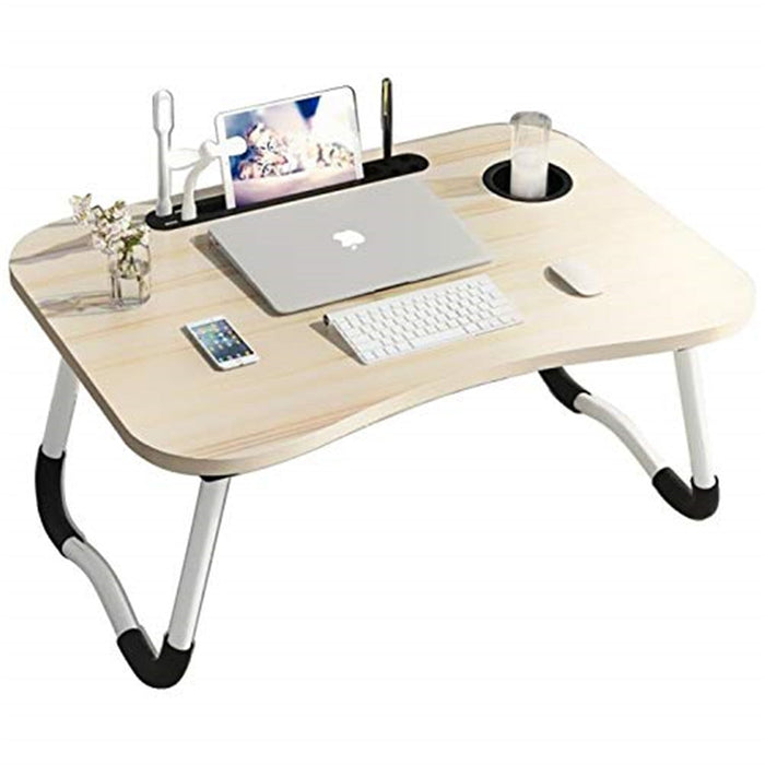 Curved Design Folding Wooden Desk - Multifunctional Home Bed Stand with USB Charging Port, Pen Cup Slot, Macbook and Phone Storage - Perfect for Small Spaces and Home Offices.
