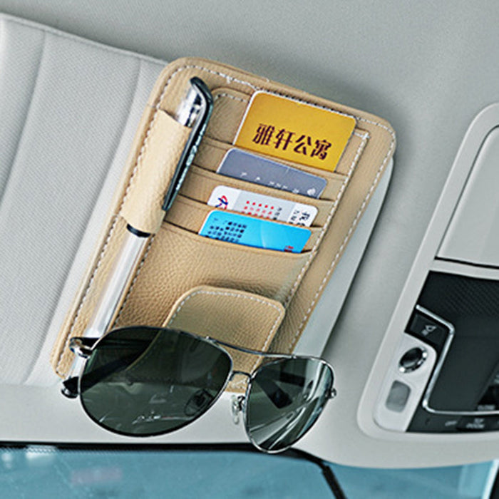 Leather Car Storage Bag - Multifunctional Visor Cover, Card and License Holder, Hanging Tissue Bag, Glasses Folder - Ideal for Keeping Car Organized