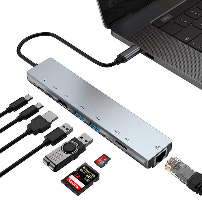 Bakeey PB-C7366 - 8-in-1 USB-C Hub Docking Station with 4K HDMI, 87W PD3.0 Power Delivery, USB-C Data Transfer, Dual USB 3.0, RJ45 Ethernet & Memory Card Readers - Ideal for Laptops & Workstations