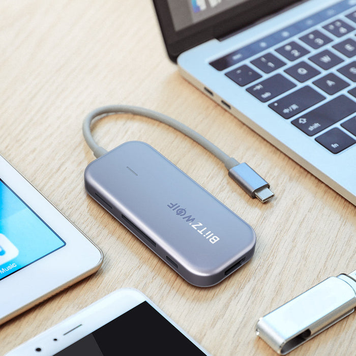 BlitzWolf BW-TH5 7-in-1 USB-C Data Hub - 3-Port USB 3.0, TF Card Reader, USB-C PD Charging, 4K Display - Ideal for MacBooks, Notebooks, and Pros