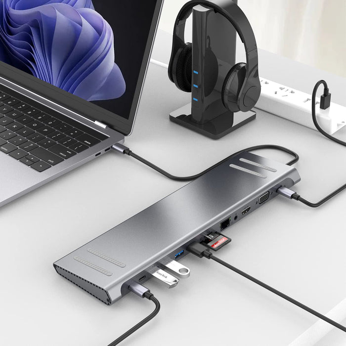 USB C Docking Station Network Hub - 13-in-1 with HDMI, VGA, PD 3.0, 10/100M Gigabit, Laptop Stand - Compatible with MacBook, iPad, Surface Pro