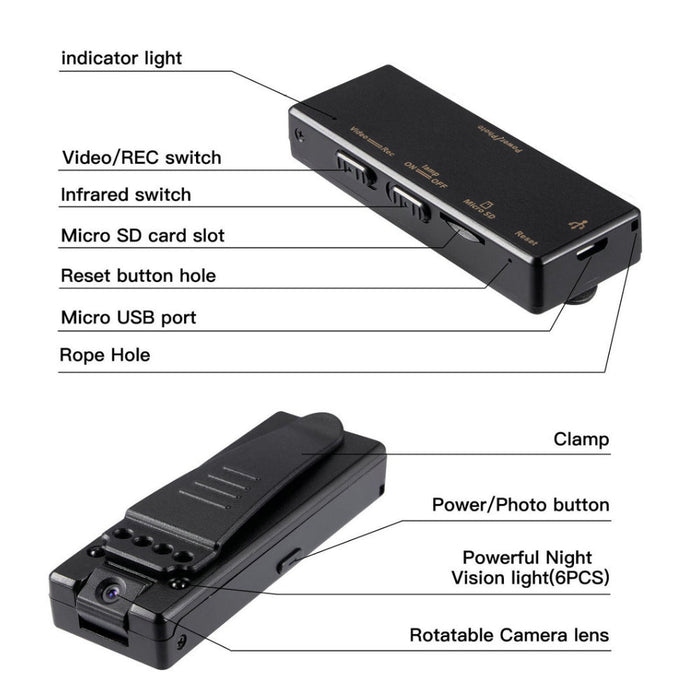Z8 Mini HD Camera - 1080P Back Clip Night Vision Micro USB Camera, Small and Portable - Ideal for Discreet Surveillance and Recording