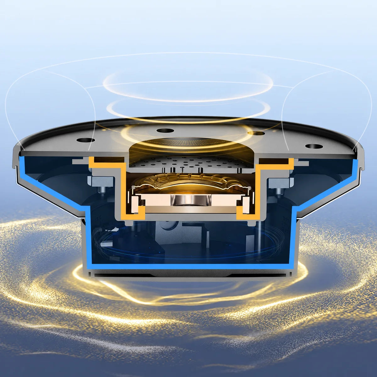 Cross-section of the original driver illustration showing separate blue outer and gold inner sound chambers
