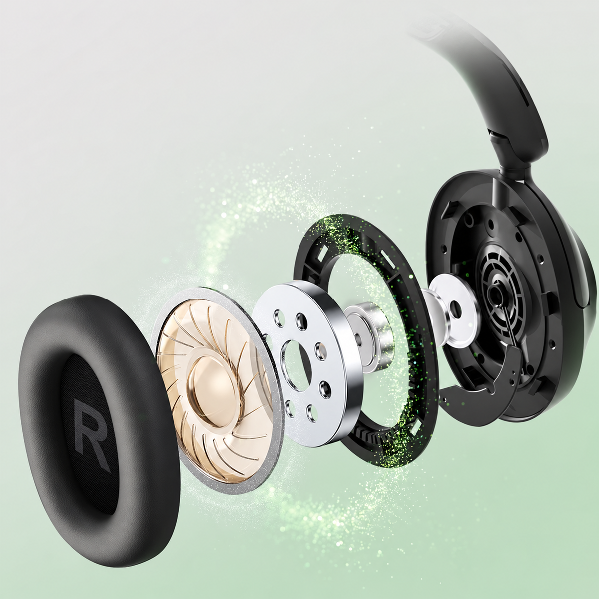 Exploded view of the Focus A6 earcup, cushion and driver assembly