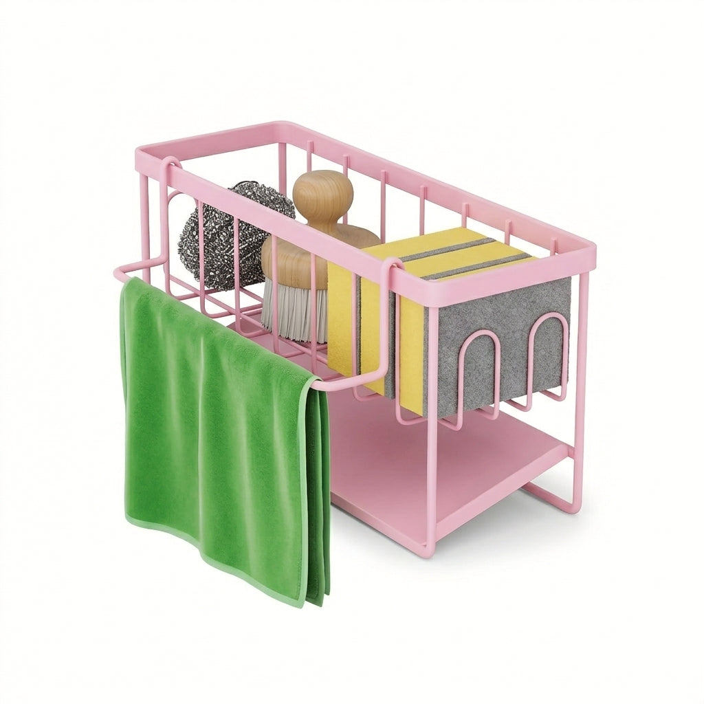 Kitchen Sink Organiser — Sponge Holder with Dishcloth Hanger and Adhesive Sticker