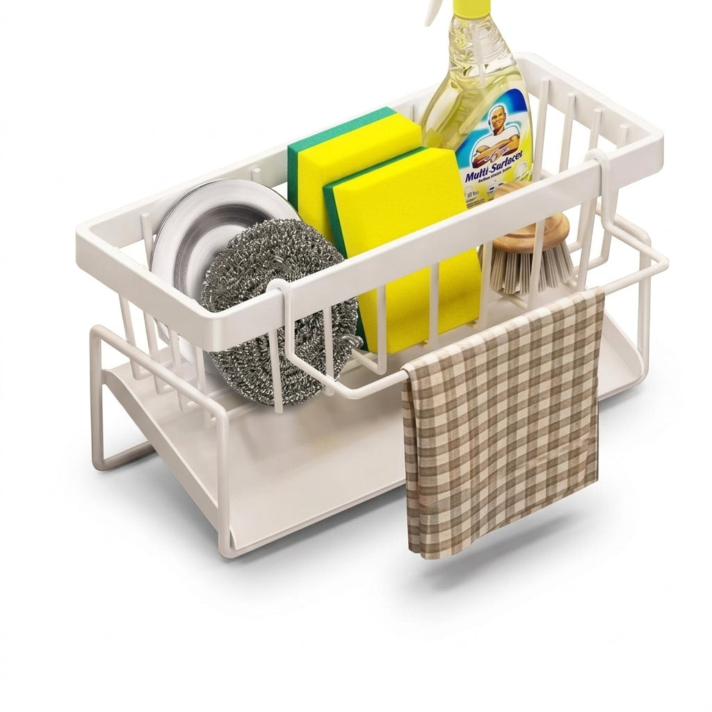 Kitchen Sink Organiser — Sponge Holder with Dishcloth Hanger and Adhesive Sticker