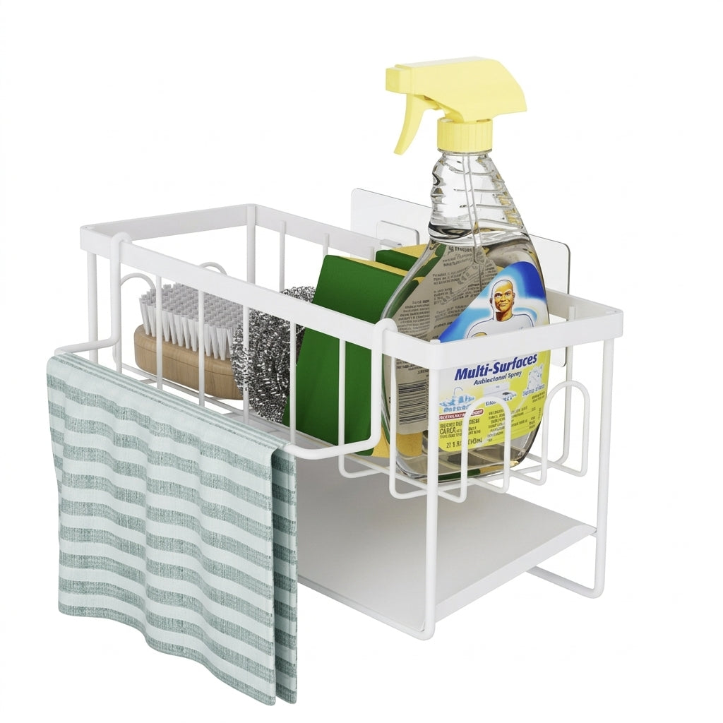 Kitchen Sink Organiser — Sponge Holder with Dishcloth Hanger and Adhesive Sticker