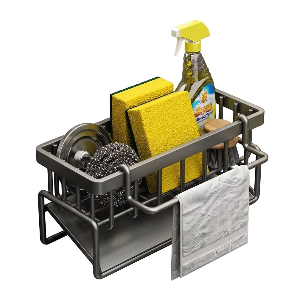 Kitchen Sink Organiser — Sponge Holder with Dishcloth Hanger and Adhesive Sticker