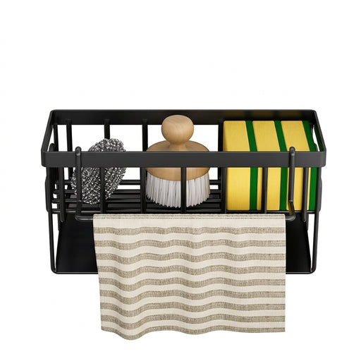 Kitchen Sponge Holder with Removable Rag Rack & Adhesive Mount — Carbon Steel Sink Caddy
