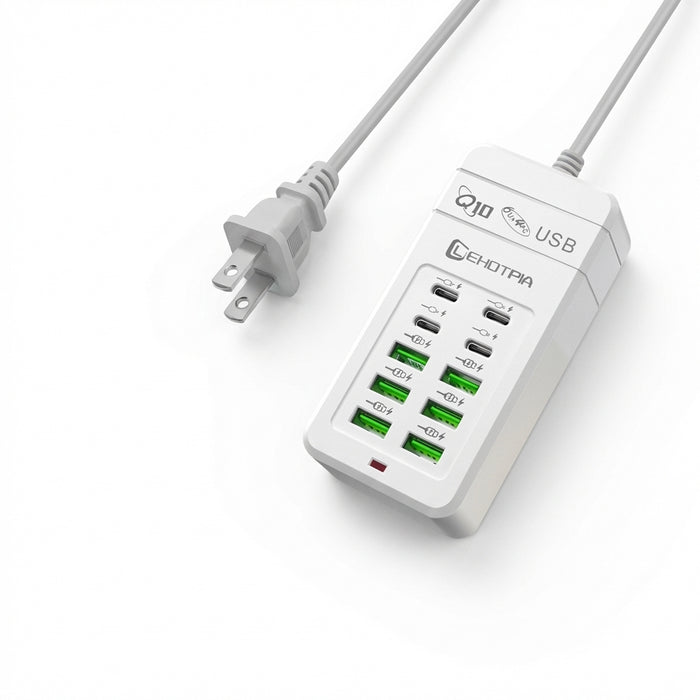 6x USB-A & 4x USB-C Multi‑Plug USB Charger with 1.2m Cord — EU/UK/US