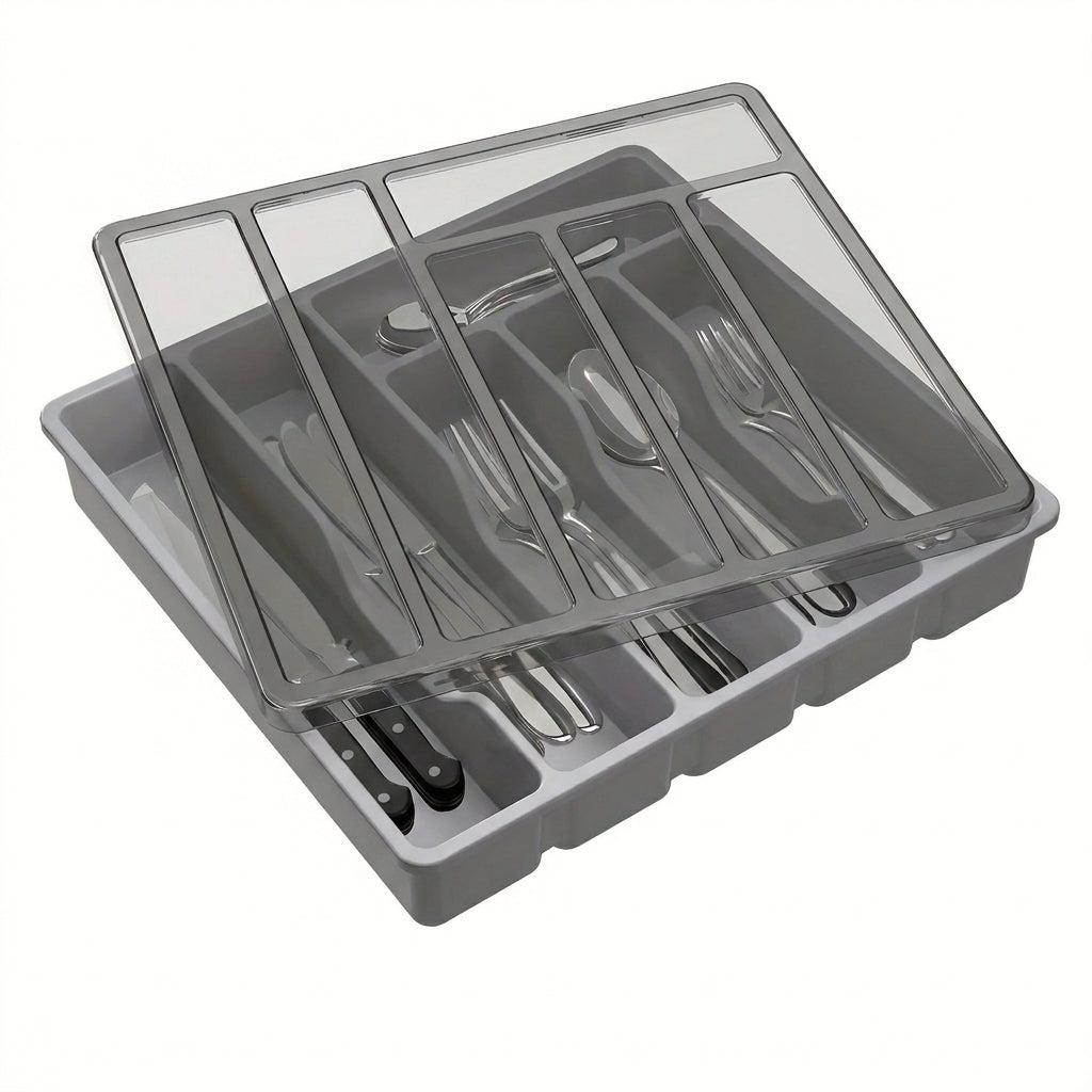 Covered Cutlery Organiser — 6-Compartment Silverware Tray with Washable Lid (PP)