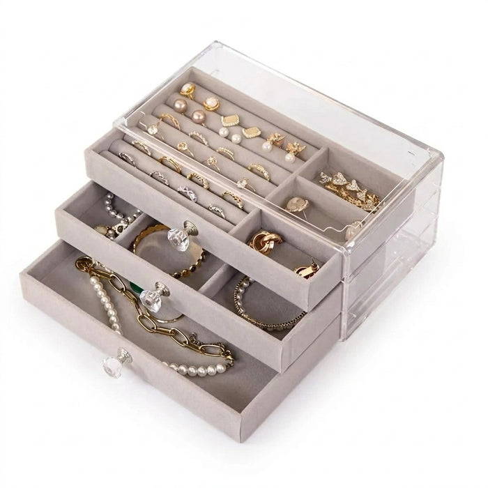 3-Layer Drawer Jewellery Box — Beige or Grey, Plastic Organiser